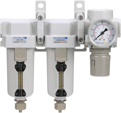 PneumaticPlus SAU430-N04G-MEP 3 Stage Compressed Air Filter Dryer System - Particulate Air Filter, Coalescing Air Filter, Compressed Air Pressure Regulator Combo, 1/2" NPT - Metal Bowl, Manual Drain