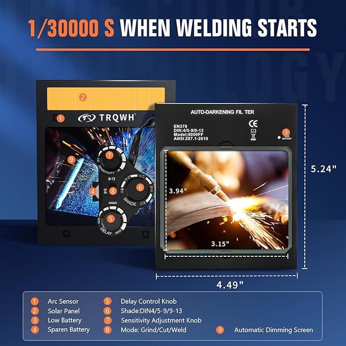 TRQWH Auto Darkening Welding Lens - Welding Helmet Lens True Color Technology with 4 Arc Sensor Ajustable Shade Range 4/5-13 Automatic LCD Lens Dimming Shade Filter 4.49x5.24in Auto Welding Lens