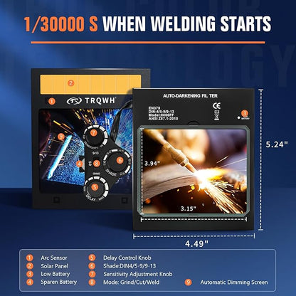 TRQWH Auto Darkening Welding Lens - Welding Helmet Lens True Color Technology with 4 Arc Sensor Ajustable Shade Range 4/5-13 Automatic LCD Lens Dimming Shade Filter 4.49x5.24in Auto Welding Lens