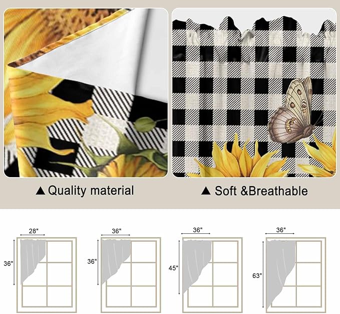Sunflowers Swag Valances for Windows, Yellow Flowers Butterfly Farmhouse Black Plaid Rod Pocket Kitchen Curtains Valance, Small Window Curtains Swag for Cafe Bathroom Living Room, 2 Panels, 36x36 inch