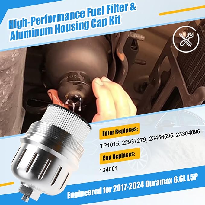 iFJF TP1015 Fuel Filter and 134001 Housing Cap Replacement for Duramax 6.6L 2017-2024 Chevy Silverado/GMC Sierra 2500HD 3500HD L5P Diesel Engine(Silver Cap)