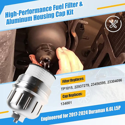 iFJF TP1015 Fuel Filter and 134001 Housing Cap Replacement for Duramax 6.6L 2017-2024 Chevy Silverado/GMC Sierra 2500HD 3500HD L5P Diesel Engine(Silver Cap)