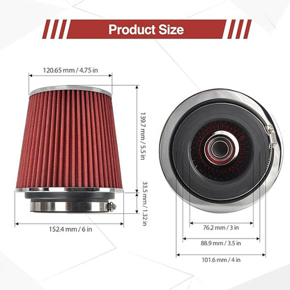 Universal Clamp On Air Intake Filter fits 3 In /3.5 In /4 In Three Different Size, Cone Air Intake Filter（Red）