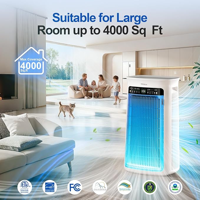 Air Purifier Large Room,True H13 HEPA Air Purifier for Home & Bedroom, Covers Up to 4000 Sq. Whole House Air Purifier, PM2.5 TEMP HD Sensor, Large Screen Display, 22dB Quiet for Pets Families