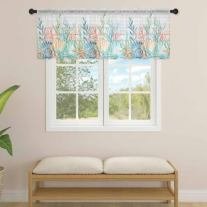 Summer Beach Sheer Valance Curtains, Ocean Colorful Coral Shell Seaweed Starfish Wood Grain Light Filtering Kitchen Valances Rod Pocket Voile Curtain Treatment for Bedroom/Living Room/Basement 42Wx12L