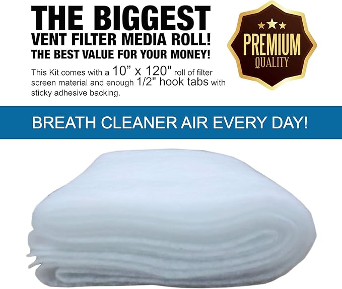 Air Vent Filters Kit, 120"X 10" Cut to Fit Vent Filters for Home and Business. Electrostatically Charged Air Filter Material & 1/2 Adhesive Coins Engineered for use in HVAC, AC & Heating.