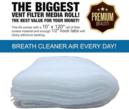 Air Vent Filters Kit, 120"X 10" Cut to Fit Vent Filters for Home and Business. Electrostatically Charged Air Filter Material & 1/2 Adhesive Coins Engineered for use in HVAC, AC & Heating.