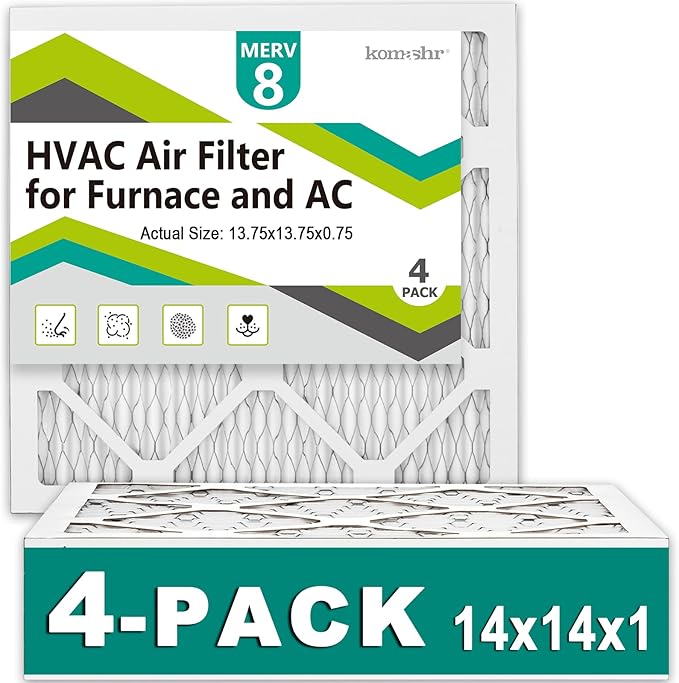 14x14x1 Air Filter MERV 8 (4-Pack), HVAC/Furnace AC Filter Replacement, Dust Defense–Comparable with MPR 600 & FPR 5 (Actual 13.75x13.75x0.75)