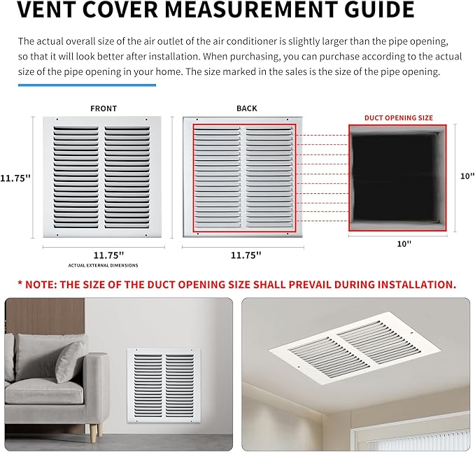 10x10 Vent Cover(Duct Opening Size),Air Return Vent Cover,Flat Vent Cover,Rejillas De Aire Acondicionado para Casa,Return Air Grilles,Outer Dimensions:11.75"W X 11.75"H(10"W x 10"H, Duct Opening)