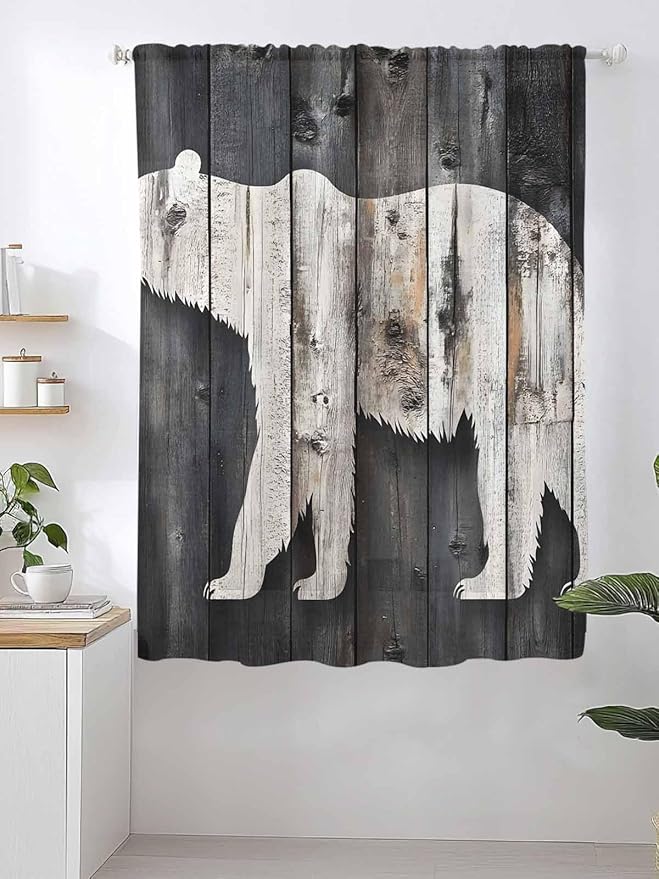 Sheer Curtains 72 Inches Long, White Brown Bear Semi Sheer Curtains Light Filtering Window Treatment, Farmhouse Country Vintage Wood Grain Privacy Voile Drapes for Living Room Bedroom 52x72 Inch