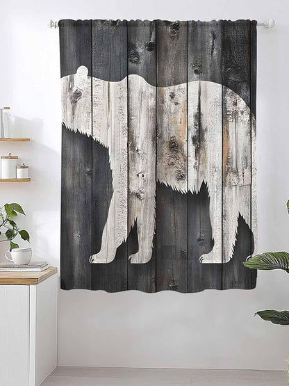 Sheer Curtains 63 Inch Length, White Brown Bear Semi Sheer Curtains Light Filtering Window Treatment, Farmhouse Country Vintage Wood Grain Privacy Voile Drapes for Living Room Bedroom 52x63 Inch