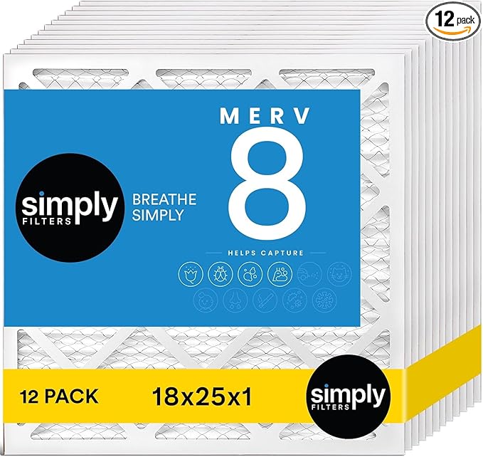 Simply 18x25x1 Air Filter, Merv 8, 12 Pack, For Home AC Furnace & HVAC (Actual Size: 17.75"x24.75"x0.75") DUST, Pet, & Allergy Control