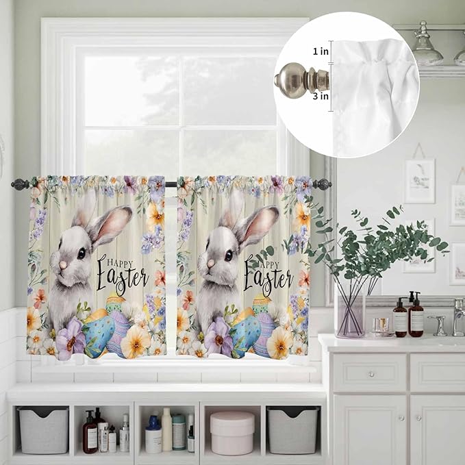 Easter Grey Bunny Kitchen Curtains Set 3 Piece for Windows,Rod Pocket Valance and Tier Set 24 Inch Length,Spring Colorful Eggs Flower Wooden Grain Light Filtering Cafe Curtains for Living Room