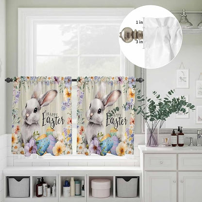 Easter Grey Bunny Kitchen Curtains Set 3 Piece for Windows,Rod Pocket Valance and Tier Set 24 Inch Length,Spring Colorful Eggs Flower Wooden Grain Light Filtering Cafe Curtains for Living Room