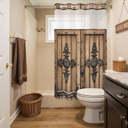 Wood Barn Door No Hook Shower Curtain with Snap in Liner Set, Waterproof Shower Curtains for Bathroom, Wooden Plank Fabric Shower Curtain, See Through Mesh Top Window, 36" W x 78" L