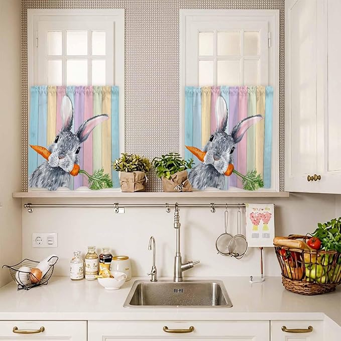 Easter Kitchen Curtain Set, Spring Grey Rabbit Carrots Colorful Wooden Plank Window Valance and Tiers 36" Length, Light Filtering Short Curtains Valance for Cafe Bathroom Bedroom 54"x18"