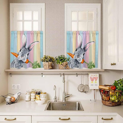 Easter Kitchen Curtain Set, Spring Grey Rabbit Carrots Colorful Wooden Plank Window Valance and Tiers 36" Length, Light Filtering Short Curtains Valance for Cafe Bathroom Bedroom 54"x18"