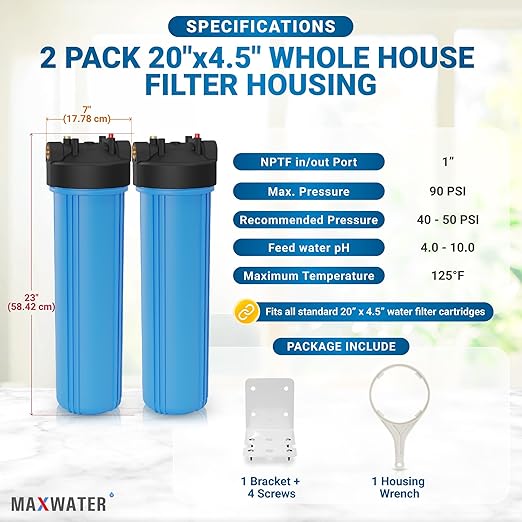 Max Water 20x4.5 Whole House Water Filter Housing, Heavy Duty Big Filter Blue Housing w/Pressure Release, Wrench and Bracket, 1" NPT, 20 Inch, Pack of 2