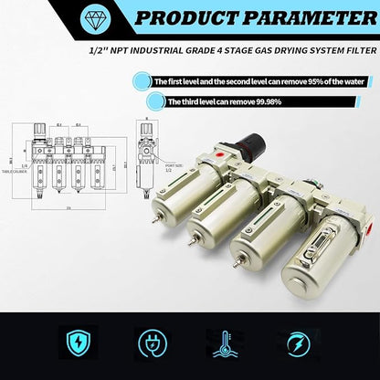 1/2" & 3/4" NPT Industrial Grade 4 Stage Gas Drying System, Coalescing Filter, Desiccant Dryer, Auto Drain, Compatible with Paint Spray, Plasma Cutter (Manual Version,1/2" NPT)