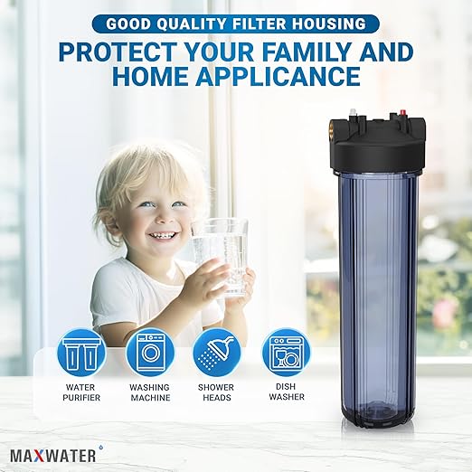 Max Water Whole House Water Filter Housing, Fits 20" x4.5" Big Filter Blue Pre-Filtration System for Well and City Water, 1 inch NPT Ports with Wrench and Bracket (Clear Housing)