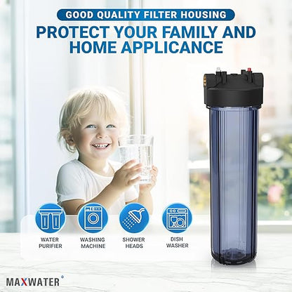 Max Water Whole House Water Filter Housing, Fits 20" x4.5" Big Filter Blue Pre-Filtration System for Well and City Water, 1 inch NPT Ports with Wrench and Bracket (Clear Housing)