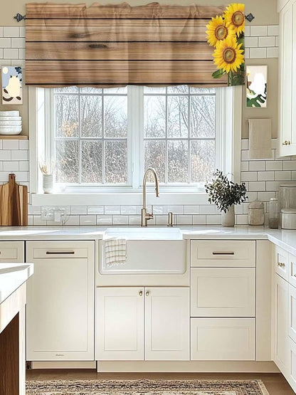 Kitchen Valances for Window, Farm Sunflower on Vintage Wood Grain Light Filtering Rod Pocket Valance Curtain, Spring Country Plant Short Curtains Window Topper for Bedroom Living Room 42x12in