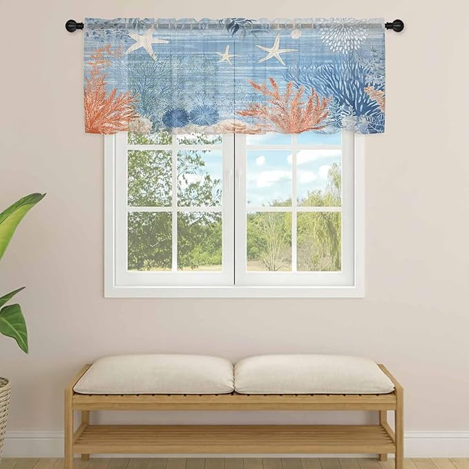 Ocean Corals Sheer Valance Curtains, Summer Beach Coral Sea Stars Blue Stripes Light Filtering Kitchen Valances Rod Pocket Voile Curtain Window Treatment for Bedroom/Living Room/Basement 60Wx18L