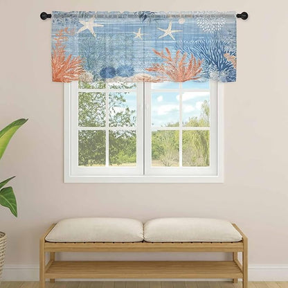 Ocean Corals Sheer Valance Curtains, Summer Beach Coral Sea Stars Blue Stripes Light Filtering Kitchen Valances Rod Pocket Voile Curtain Window Treatment for Bedroom/Living Room/Basement 60Wx18L