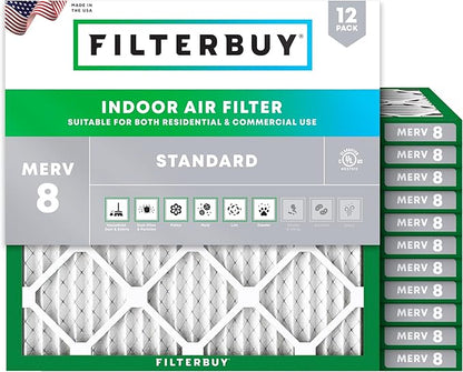 Filterbuy 15x15x1 Air Filter MERV 8 Essential Dust & Allergy Defense (12-Pack), Electrostatic Pleated HVAC AC Furnace Filters Replacement, Made in USA (Actual Size: 15.00 x 15.00 x 0.75)