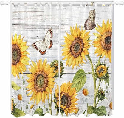 Yellow Sunflowers Living Room Curtains 84 Inch Length, Window Curtains Tab Top, Vintage Country Flowers Butterfly Wood Board Light Filtering Window Treatments Drapes 52"x84" 2 Panel