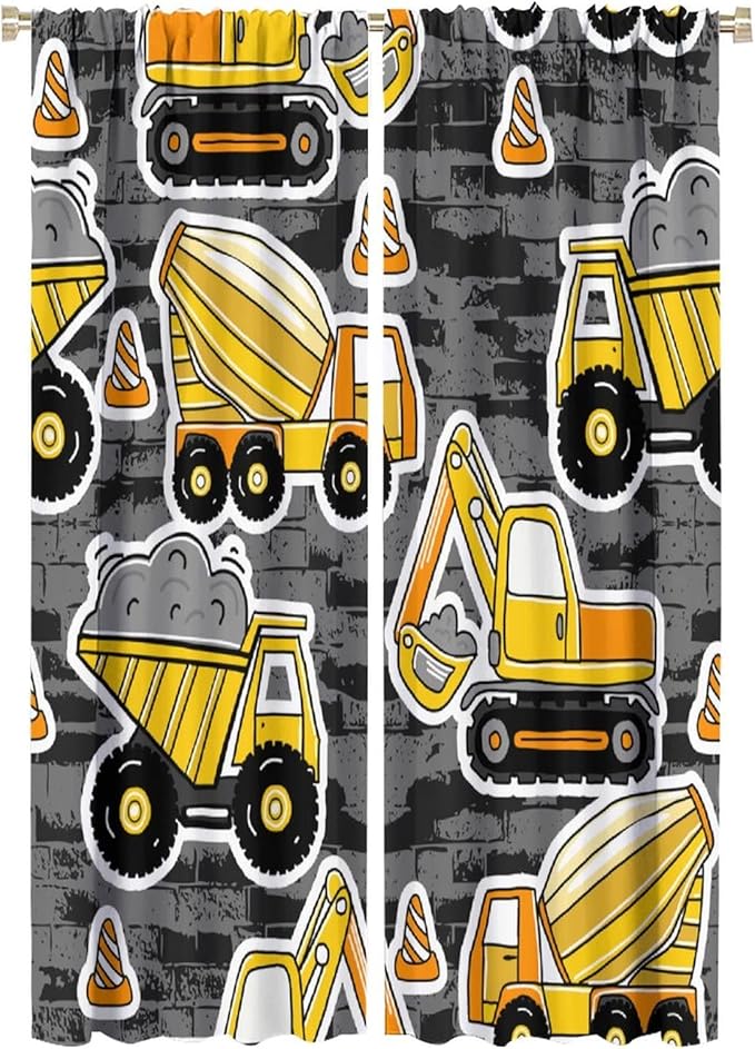 Kids Construction Excavator Window Curtains, Yellow Excavator Transporter Truck Cartoon Vehicles Rod Pocket Decorative Window Curtain for Children Teens Room 42x63in (30% Blackout)