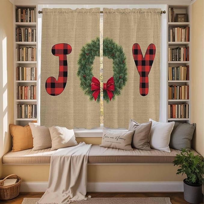 Red Green Christmas Window Curtains 63 Inch Long 2 Panel Set, Rod Pocket Bedroom Curtains & Drapes, Xmas Botanical Winter Farmhouse Light Filtering Window Treatment for Living Room 42"W x 63"L