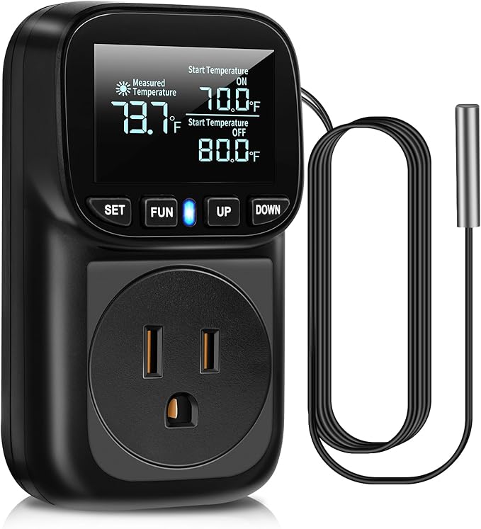 Diymore Digital Temperature Controller Outlet - 1800W Plug-in Thermostat with Heating & Cooling Modes, -104°F to 210°F Range for Greenhouse, Reptile, Incubator & Pool