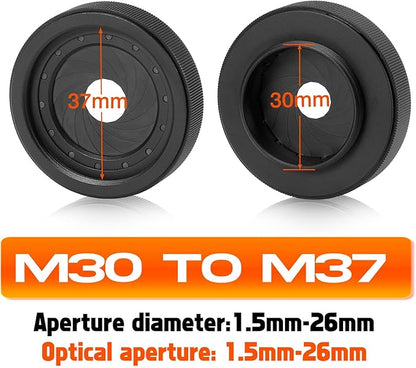 Adjustable Iris Aperture Diaphragm M30 to M37 Iris Aperture Diaphragm Adapter Optical Diaphragm 1.5-26mm Lens Module Adapter Ring PVS-14 PSV14 Optics (Filter Protector Cover Set)