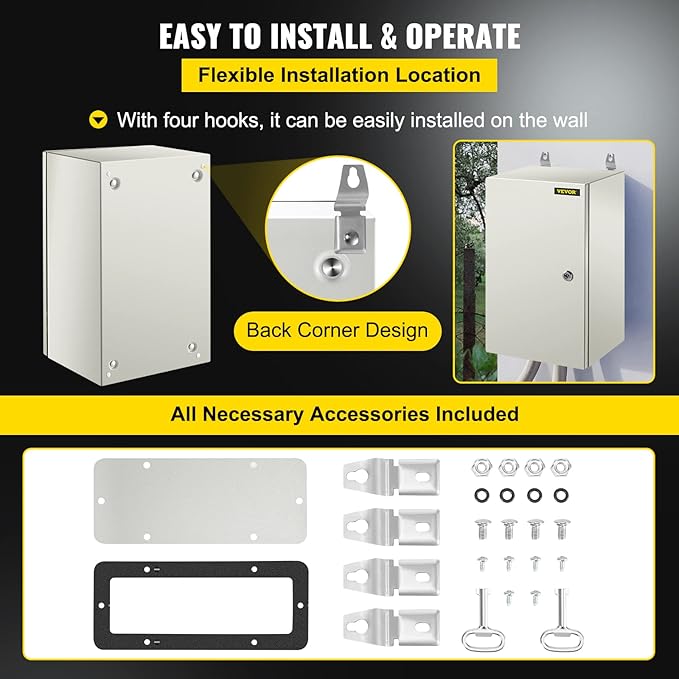 VEVOR NEMA Steel Enclosure, 20 x 12 x 10'' NEMA 4X Steel Electrical Box, IP66 Waterproof & Dustproof, Outdoor/Indoor Electrical Junction Box, with Mounting Plate