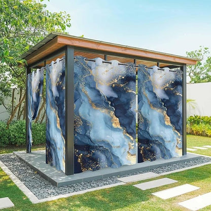 Marble Texture Outdoor Curtains for Patio Abstract Gradient Blue Golden Gorgeous Waterproof Outside Curtains with Grommet Top Weatherproof Curtain for Cabana Pergola Gazebo, 2 Pack, 54" W x 108" L