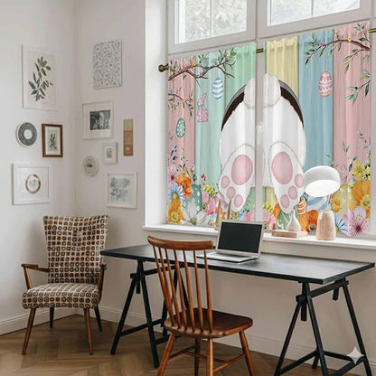 Easter Kitchen Curtains 54 Inch Long 2 Panel Set, Rod Pocket Window Curtains Panels, Spring Colorful Bunny Eggs Flower Wood Grain Light Filtering Privacy Draperies for Bedroom Laundry 42"W x 54"L
