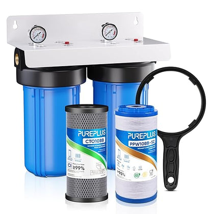 PUREPLUS 2-Stage Whole House Water Filtration System, 10" Universal Home Filtration, with Sediment &Iron Reduce, Carbon Filter, Reduce Iron, Chlorine, Taste, Includes Pressure Gauges, 1" Inlet/Outlet