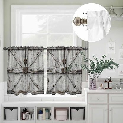 Kitchen Curtains Tiers and Valance Set of 3, Vintage Gate Light Filtering Window Curtain Set, Farmhouse Wooden Grain Shabby Chic Door Rod Pocket Curtain Drapes for Cafe, Living Room, 36 Inches Tiers