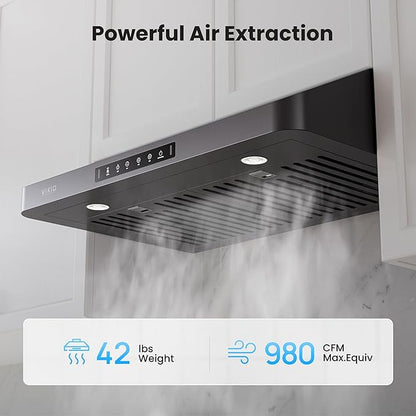 36 inch Black Undercabinet Range Hood, 980CFM Kitchen Range Hood with 3-Speeds Gesture Sensing & Touch, Stainless Steel Kitchen Vent Hood with Permanent Baffle Filters, Top and Rear Vents