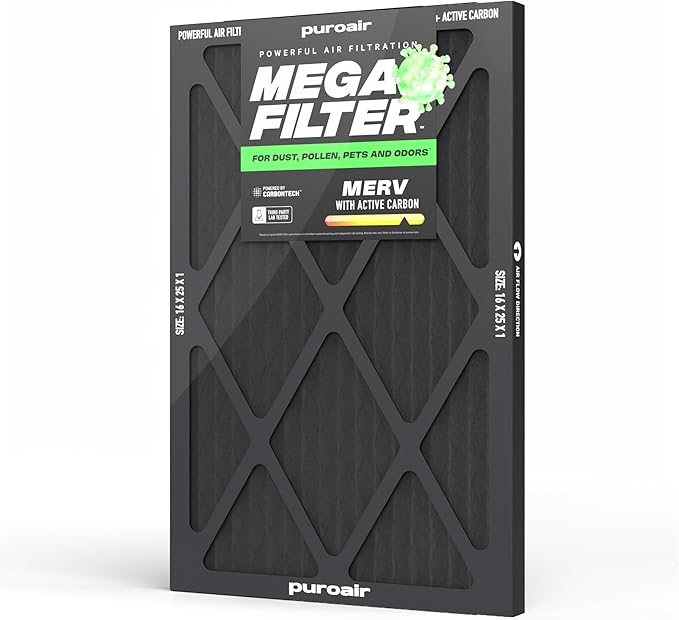 PuroAir MegaFilter - 16x20x1 Air Filter MERV 13 Activated CarbonTech Defense - Heavy Duty 3 Layer Furnace Filters Allergens, Pollen, Dust, Pet Dander, Smoke, Odors - HVAC Air Filter 16x20x1 (1-Pack)