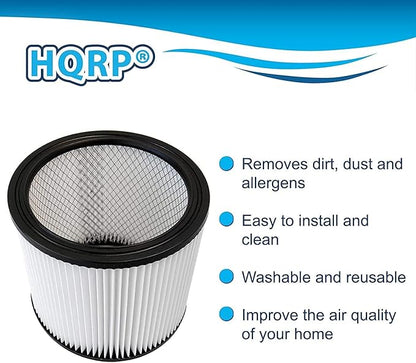 HQRP 2-Pack Standard Cartridge Filter Replacement for Shop-Vac 90304 90350 90333 Washable H12 0.3 Micron Pleated for Wet Dry Vacuum, 5 Gallon+
