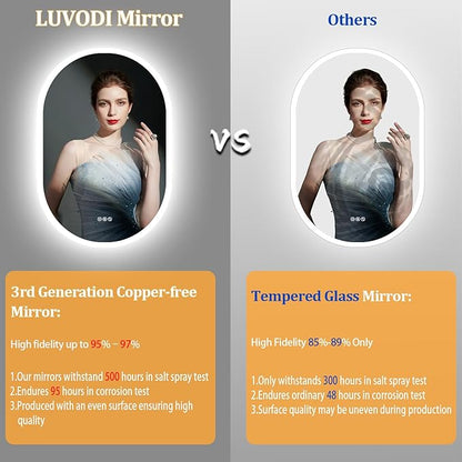 LUVODI Lighted LED Bathroom Mirror: 40x20IN Oval Anti-Fog Dimmable Wall Mounted Makeup Mirror with Backlit - Illuminated 3 Colors Vanity Mirrors with Demister Pad Smart Touch Switch Memory Foam