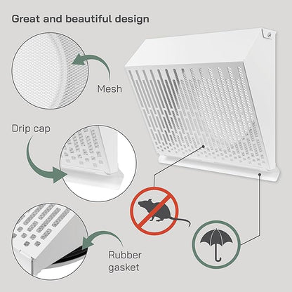 Vent Systems 8" Inch Exhaust Vent Cover with Rubber Gasket - White Galvanized Steel - Robust and Weatherproof Outdoor Air Exhaust Box - Duct or Surface Mounting - Rain and Snow Protection