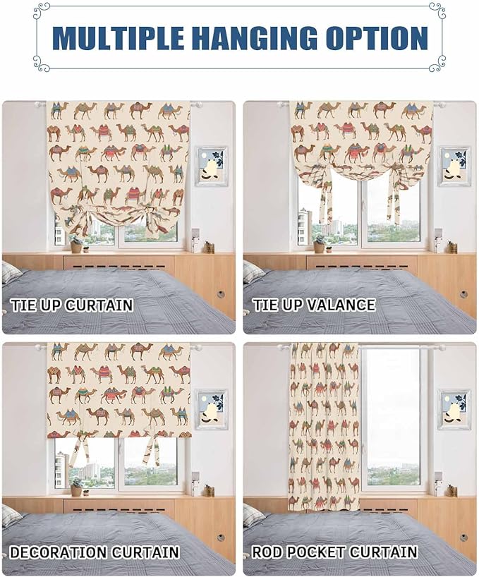 Tie Up Curtains for Windows, Summer Camels Adjustable Balloon Nature Linen Textured Kitchen Curtain, Farmhouse Retro Cartoon Desert Animals Blackout Curtains for Living Room, 46 x 63 Inches