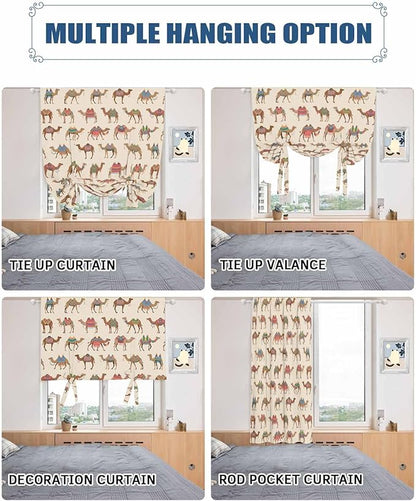 Tie Up Curtains for Windows, Summer Camels Adjustable Balloon Nature Linen Textured Kitchen Curtain, Farmhouse Retro Cartoon Desert Animals Tie Up Light Filtering Curtains for Decor, 34 x 45 In