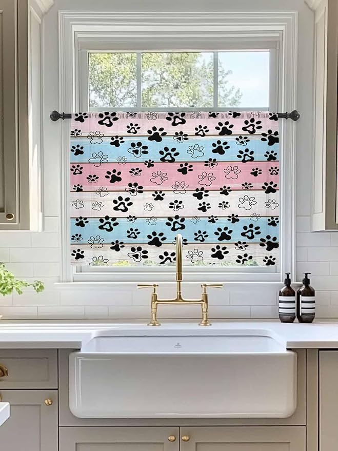 Sheer Curtains 45 Inch Length, Pink Blue Paw Print Semi Sheer Curtains Light Filtering Window Treatment, Vintage Farmhouse Wooden Grain Privacy Voile Drapes for Living Room Bedroom 52x45 Inch