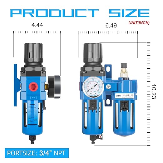 NANPU 3/4" NPT Compressed Air Filter Regulator Lubricator Combo, Water/Oil Trap Separator - Gauge(0-150 psi), Poly Bowl, Manual Drain, Bracket - AC4010-06M