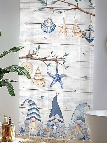Sheer Curtains 84 Inches Long, Coastal Eucalyptus Semi Sheer Curtains Light Filtering Window Treatment, Ocean Blue Gnomes Starfish Leaf Wood Grain Privacy Voile Drapes for Living Room 52x84 Inch