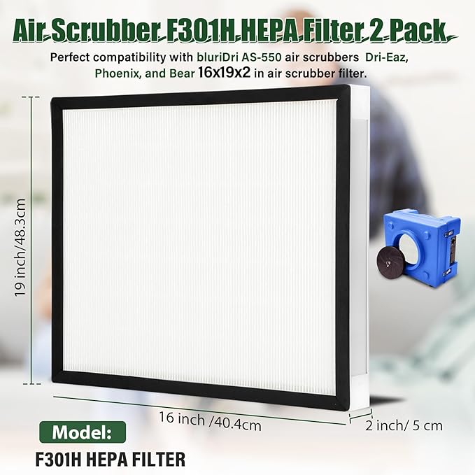 2 Packs F301H HEPA Filter, AS-550 Air Scrubber Stage 2 HEPA 550 Air Filter Compatibile with BlueDri,16 x 19 x 2" Air Shield 550 HEPA Air Scrubber Filter for BlueDri, Dri-Eaz, Phoenix, and Bear